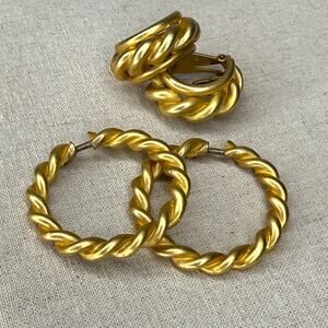 Vintage Gold Tone Rope Hoop Clip On Earrings Chunky 2 in 1 Removable Dangle